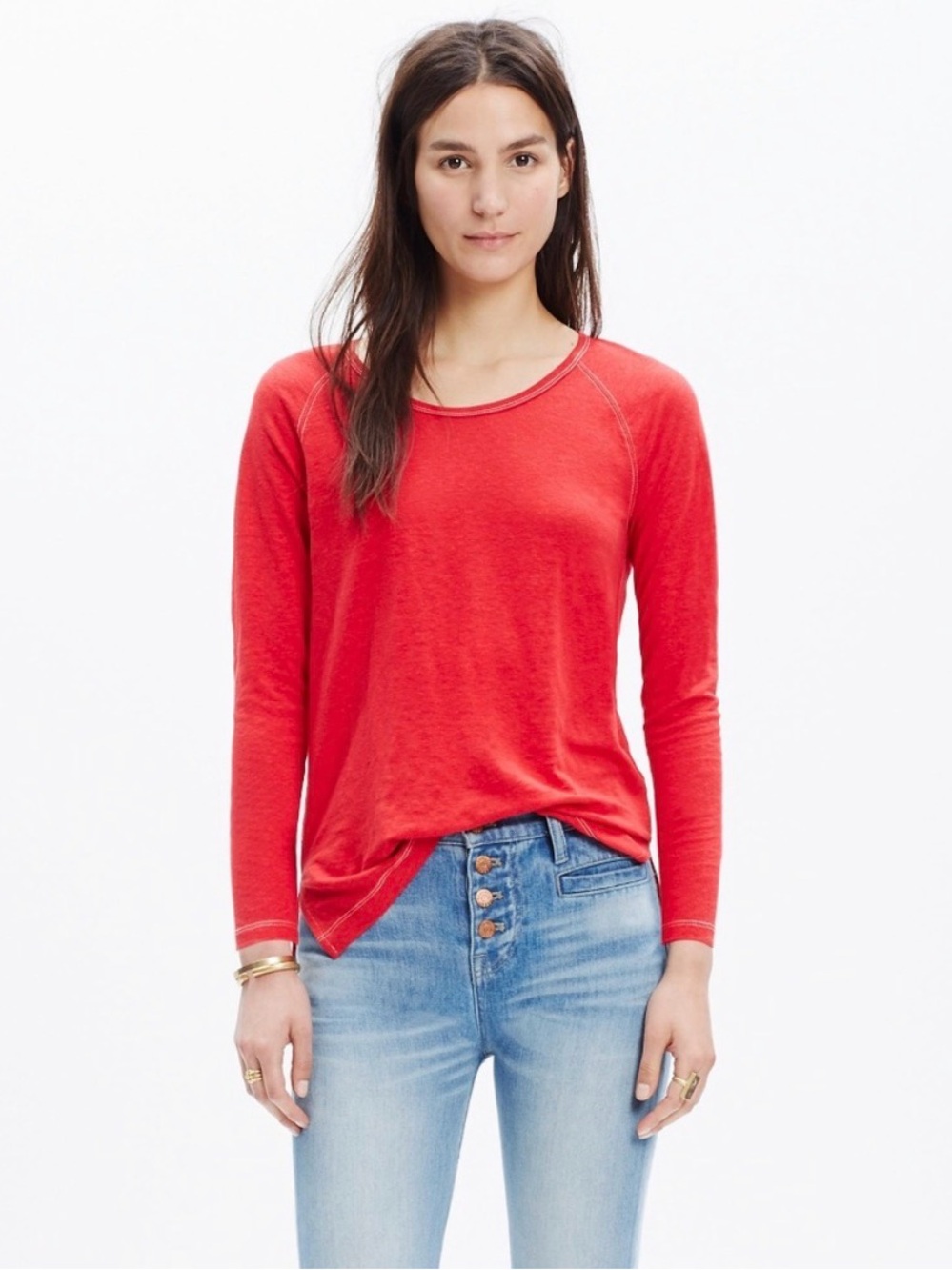 Madewell Red Linen Long Sleeve Pullover Shirt